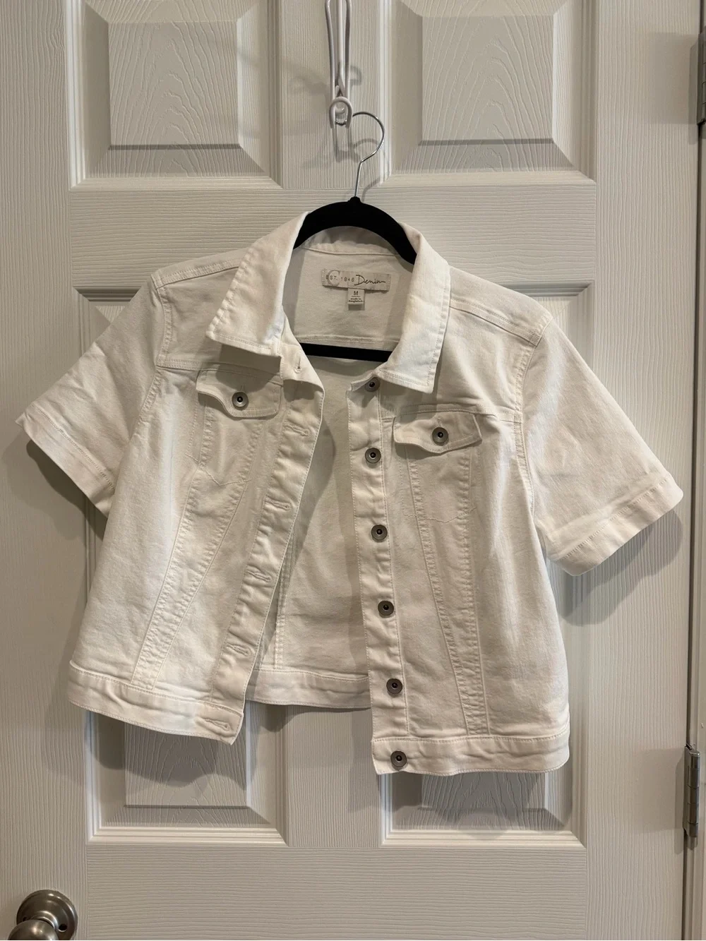 White Short Sleeve Button Down Denim Jacket - Picture 2 of 7
